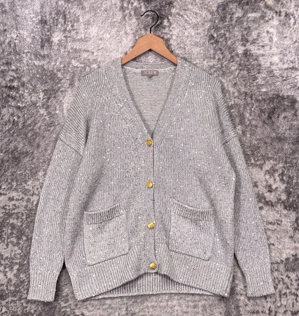 New J Crew Cardigan Small Womens Gray Sequin Chunky Knit Gold Button